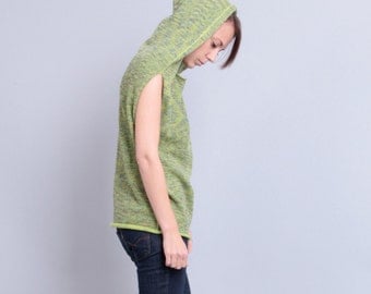 Hooded sweater vest Wool vest Crewneck sleeveless sweater Green sleeveless Hoodie top Knit vest Lime sweater top Girlfriend gift