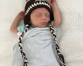 Baby football hat, crocheted hat, tassel hat, baby hat, football beanie, baby beanie, baby gift, shower present, baby boy hat, baby photo