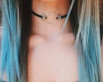 Triple Moon Choker - Vegan Suede or Leather - Moon Goddess Choker