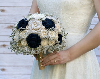 Navy Wedding Bouquet // Rustic, Navy Blue, Dried Flower Bridal Bouquet, Burlap Bouquet, Wedding Flowers, Sola Wood Flower Bouquet
