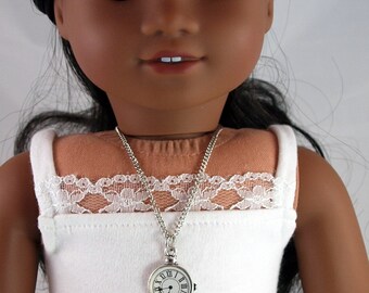 Watch Necklace - silver tone charm and chain for dolls, Victorian Steampunk accessories, 1:3 scale, BJD, 18" girl doll