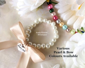 Girl Bow Bracelet-Flower Girl Bracelet-Flower Girl Gift-Ribbon Bracelet-Girl Bracelet-Junior Bridesmaid-Glass Pearl Bow Flower Girl Bracelet