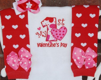 My 1st Valentine's Day Outfit! Baby girl first Valentine's Day outfit with applique top, red heart leg warmers, and matching hair bow