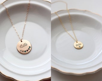 Birthstone Necklace - Engraved Keepsake Circle Disc Mother's Neckalce Custom Personalized Mother's Gift Wedding Initial Birthstone Date