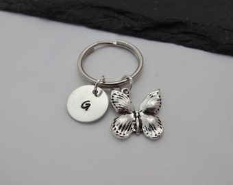Butterfly keyring, Initial Butterfly Keyring, Hand Stamped Keyring, Charm Keyring, Butterfly Keychain, Personalised Keyring, Butterfly Gift
