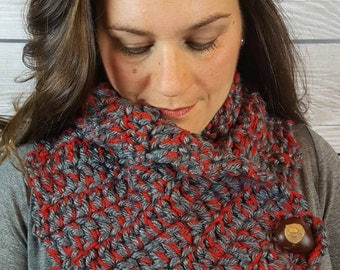 Ohio State Scarf, Buckeye Buttons, Gray and Red Scarf, Handmade Cowl - Red and Gray with 3 Real Buckeye Buttons! Fast Shipping!