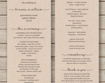 Printable Wedding Program Template - Order of Service - Rustic Wedding Program - Editable Wedding Program - YOU EDIT in WORD -Print on Kraft