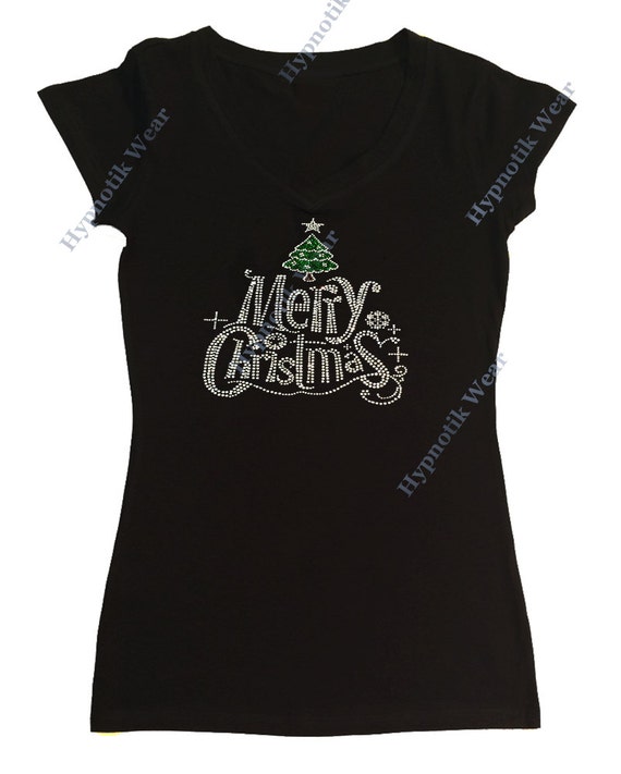 Women's Rhinestone T-shirt Merry Christmas Tree In