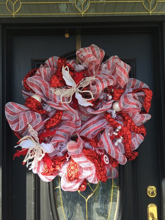 Items similar to CLEARANCE Christmas Wreath Red and White Wreath Deco