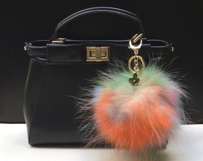 NEW Tropical Swirl™ Multi Color Raccoon Fur Pom Pom bag charm clover flower charm keychain piece no.316
