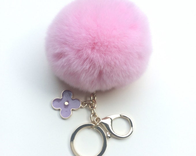 Light Pink fur pom pom keychain REX Rabbit fur pom pom ball with flower bag charm