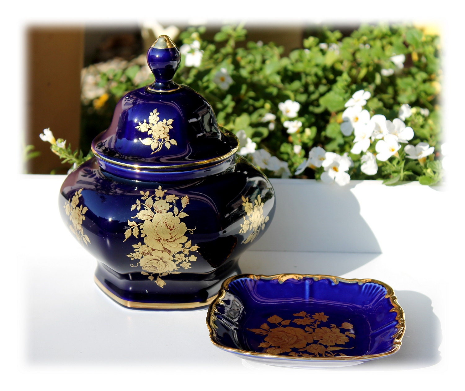 Lot Sucrier Et Bonbonnière En Verre Cobalt Argenté – Vintage France