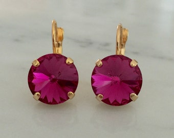 Swarovski Fuchsia Earrings, Fuchsia Crystal Earrings, Fuchsia Crystal Gold Earrings, Swarovski Pink Earrings