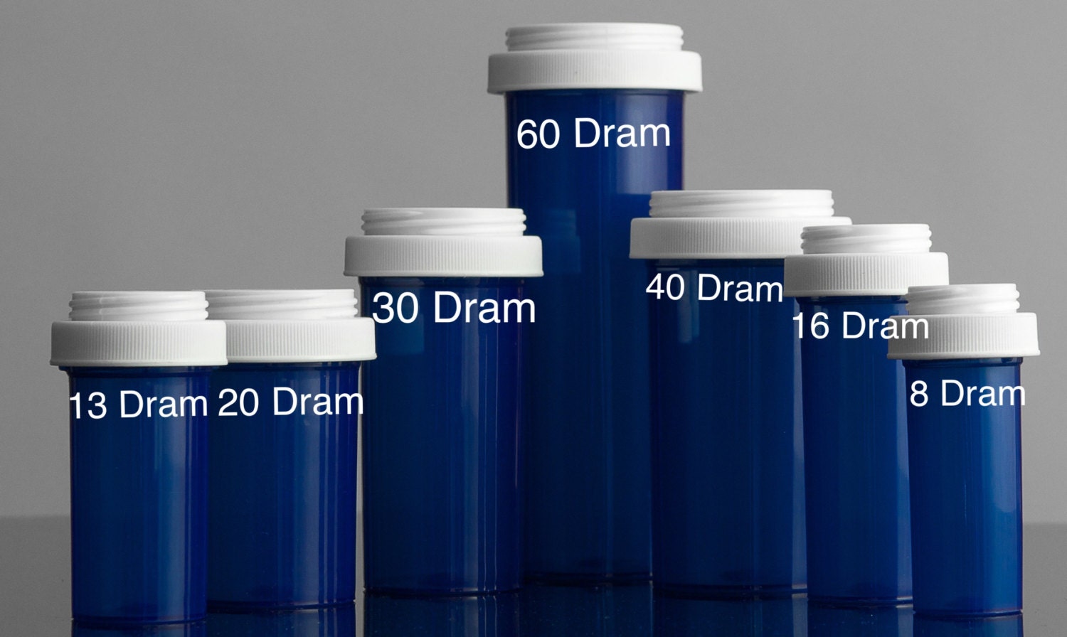 30 Count: Blue 60 Dram Reversible VialsPill Bottles with Dual