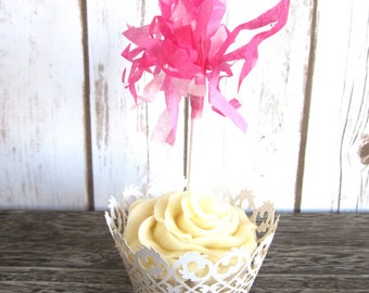 Set of 12 - Tissue Pompom Cupcake Toppers / Pink, Blue, Purple, Gold or Pink Tassel Garland / Party Decoration