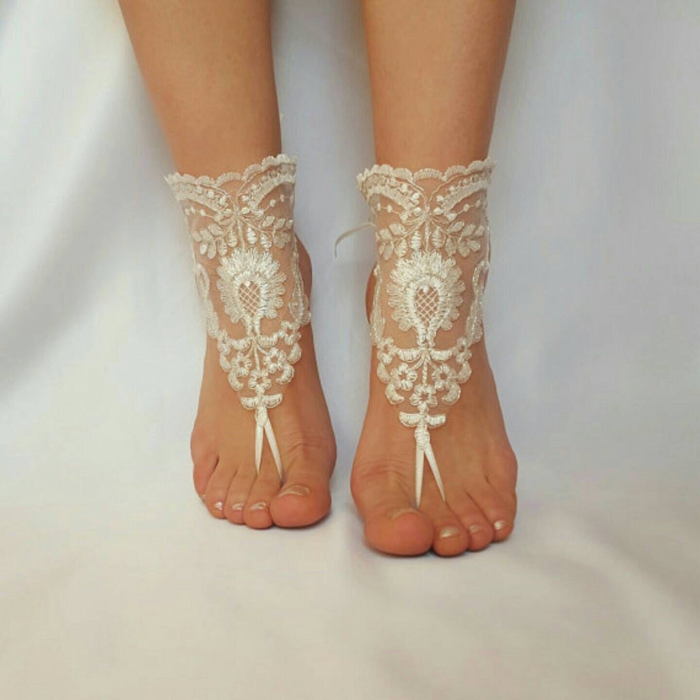 ivory silver frame beach wedding barefoot sandals shoes anklet