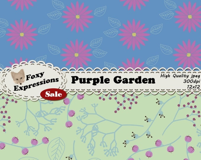 Purple Garden digital paper comes in shades of purple, green and blue. Designs include leaves, roses, daisies, poppies, stem, buds & more