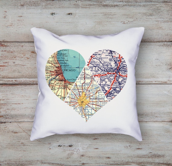 Heart Map Pillow 3 piece Heart Personalized Map Decor Heart Map Pillow 3 piece Heart Personalized Map Decor