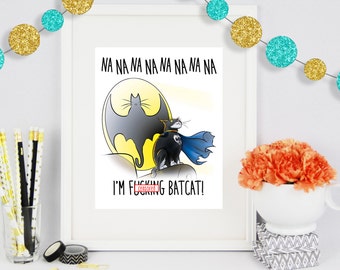Mature BatCat, Gift for Him, Gift for Her, Boyfriend Gift, Girlfriend Gift, Poster Print, Comic Book Art, Art Print, Cat Lover Gift, Cat Art