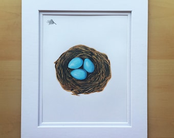 Wall art drawing, bird nest drawing, original drawing, colored pencil drawing, 11x14 drawing, housewarming gift