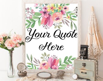 Custom quote pink floral watercolor printable wall art personalised print words lyrics romantic modern room decor custom name gift