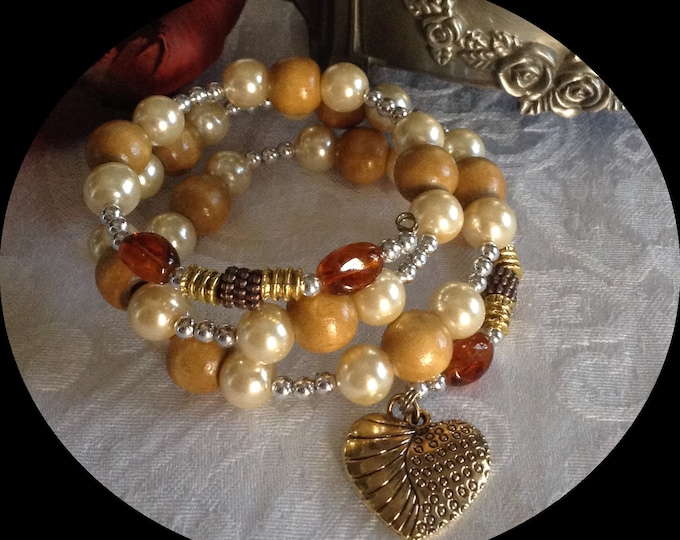 Pearl\Wood Wrap Bracelet...with Heart Charm