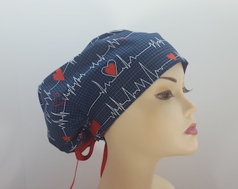 Women's surgical scrub hats, or scrub caps-EKG Print-cotton 100%