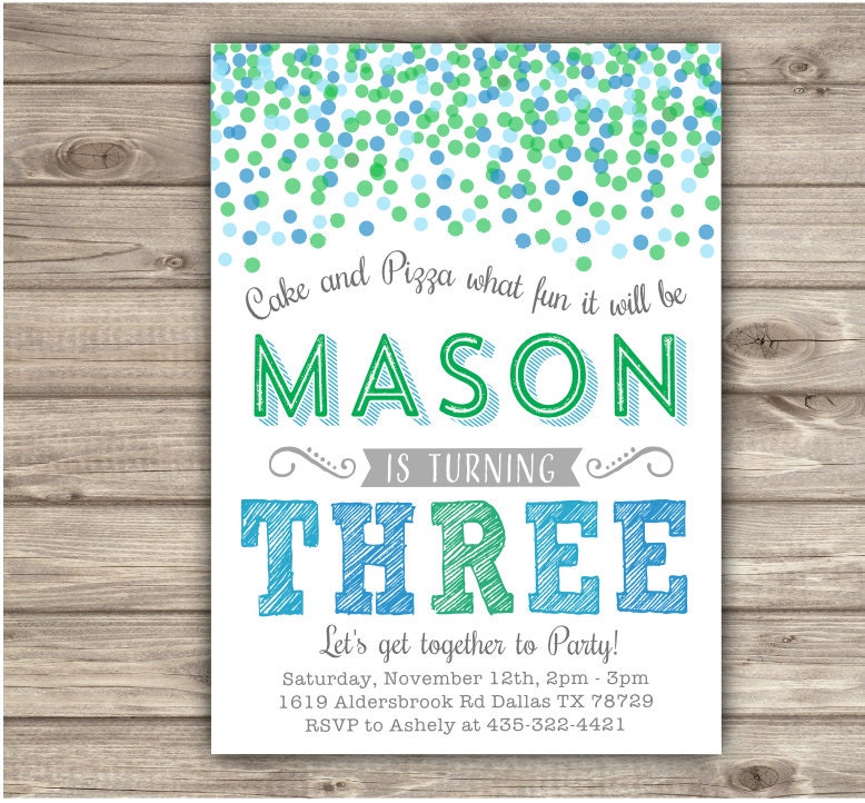 3rd birthday Invitations Printable Three Blue Green Grey
