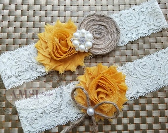 Wedding Garter Belt, Wedding garter Set, Bridal garter, Lace garter, Rustic wedding garter, Mustard garter, Ivory Garter Burlap garter bride