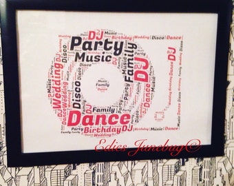 Retro Vinyl Record Player Word Art, DJ Gift, Music Lover Wall Art, Festival Inspired, Christmas Present, Gifts For Singer, Vintage Decor,
