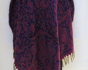 Poncho Tassel Fringe Hoodie & Pocket Boho Bohemian Designer 60s Style Hippie Handmade Himalayan Handloomed Yak Wool Blend Shawl 0675