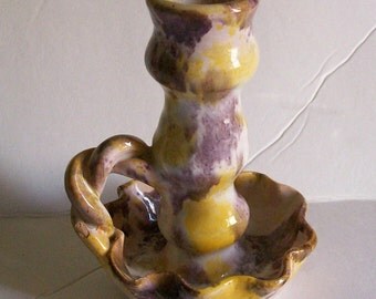 Vintage North Carolina Cole Pottery Candle Holder Skyline Drive Hand Made Southern NC Pottery Blended Glaze Ruffled Candle Stick