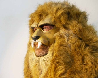 Lion Mask. Beauty and Beast Costume Headdress. Masquerade animal head, adult men, women. Hand made. Paper mache, faux fur. Adjustable.