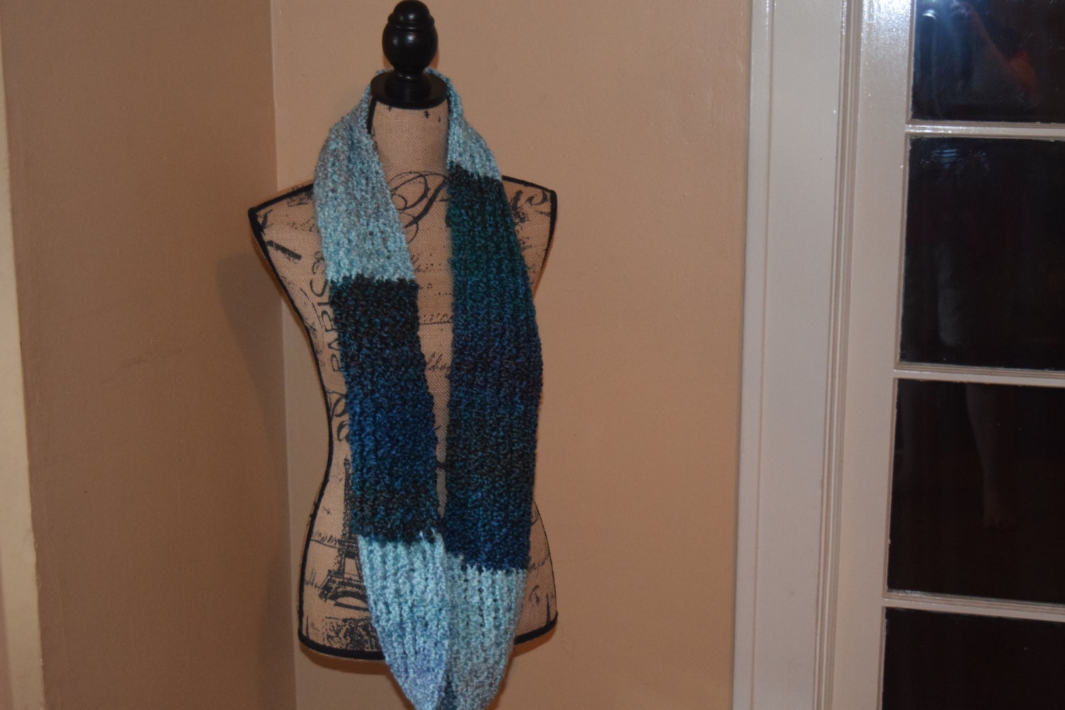 Loom Knit Infinity Scarf Handmade Homespun Yarn Two Tone