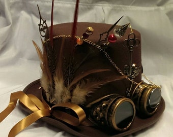 Steampunk Festival Bespoke Victorian Goth Brown Wool/Felt Top Hat Aviator Goggles Clocks Time Skeleton Wings Keys Burning Man Cosplay