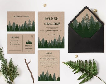 Winter wedding invitation printable, Pine forest wedding invitation printable, Woodsy Pine invitation, Pine tree Kraft paper wedding invite