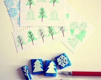 hand carved christmas stamps 4er set/ Weihnachten Stempel_ Pine_Schnee
