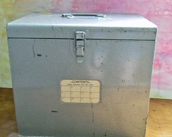 Vintage Metal Storage Box: Logan Magazine Slide Tray Chest with Drop Down Front Door