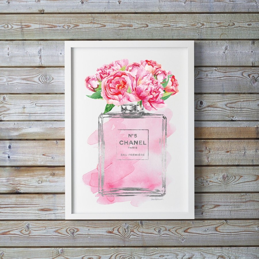 Watercolor perfume bottle with flowers fashion art print