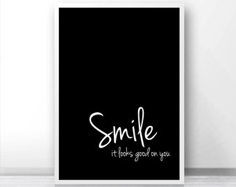 Digital Download Art Motivational Print "Smile" Typography Poster Inspirational Quote Art Black And White Printable Wall Art Home Decor Art