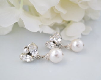 Simple crystal and pearl post bridal earring, Swarovski pearl drop wedding earring, Bridesmaid drop earring