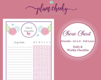 Girls Floral Chore Chart Daily and Weekly Responsibility Checklist-Instant Download-Double Sided Chart