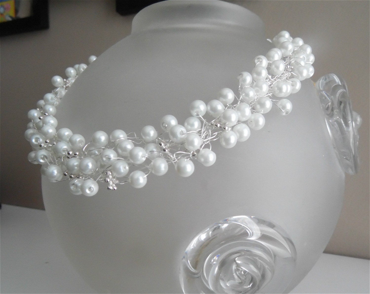 Pearl Necklace Crochet Wire NecklaceElegant Bridal by jewelryNILO