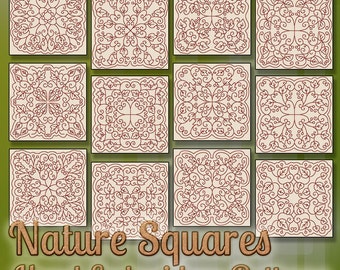 SALE Hand Embroidery Patterns Redwork Designs Nature Squares in 4 Sizes PDF Instant Download