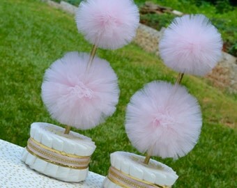 Pink and Gold Baby Shower Centerpieces, Diaper Cake Topiary Centerpieces - Tulle Decorations - Tulle Pom Pom - Baby Girl Shower Decorations