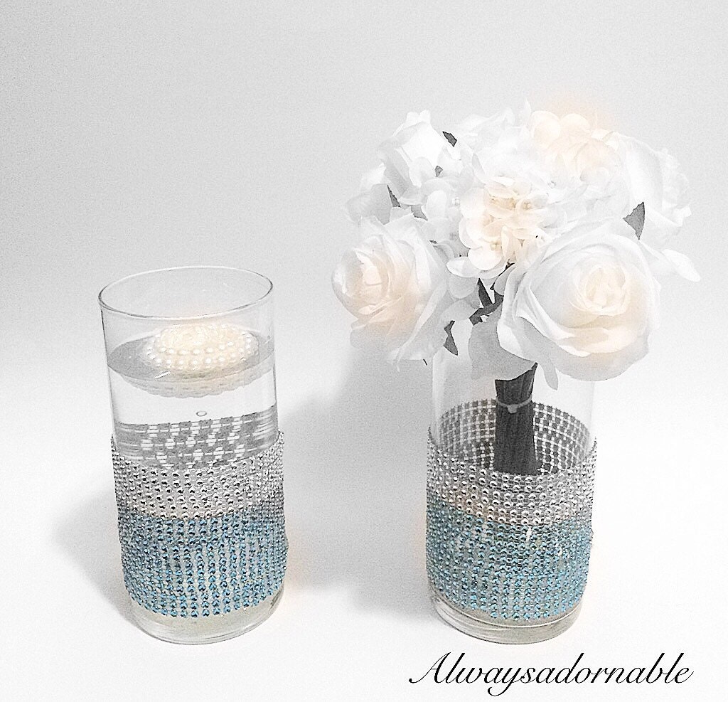 Wedding rhinestone glass cylinder vase Set of by AlwaysADORNable