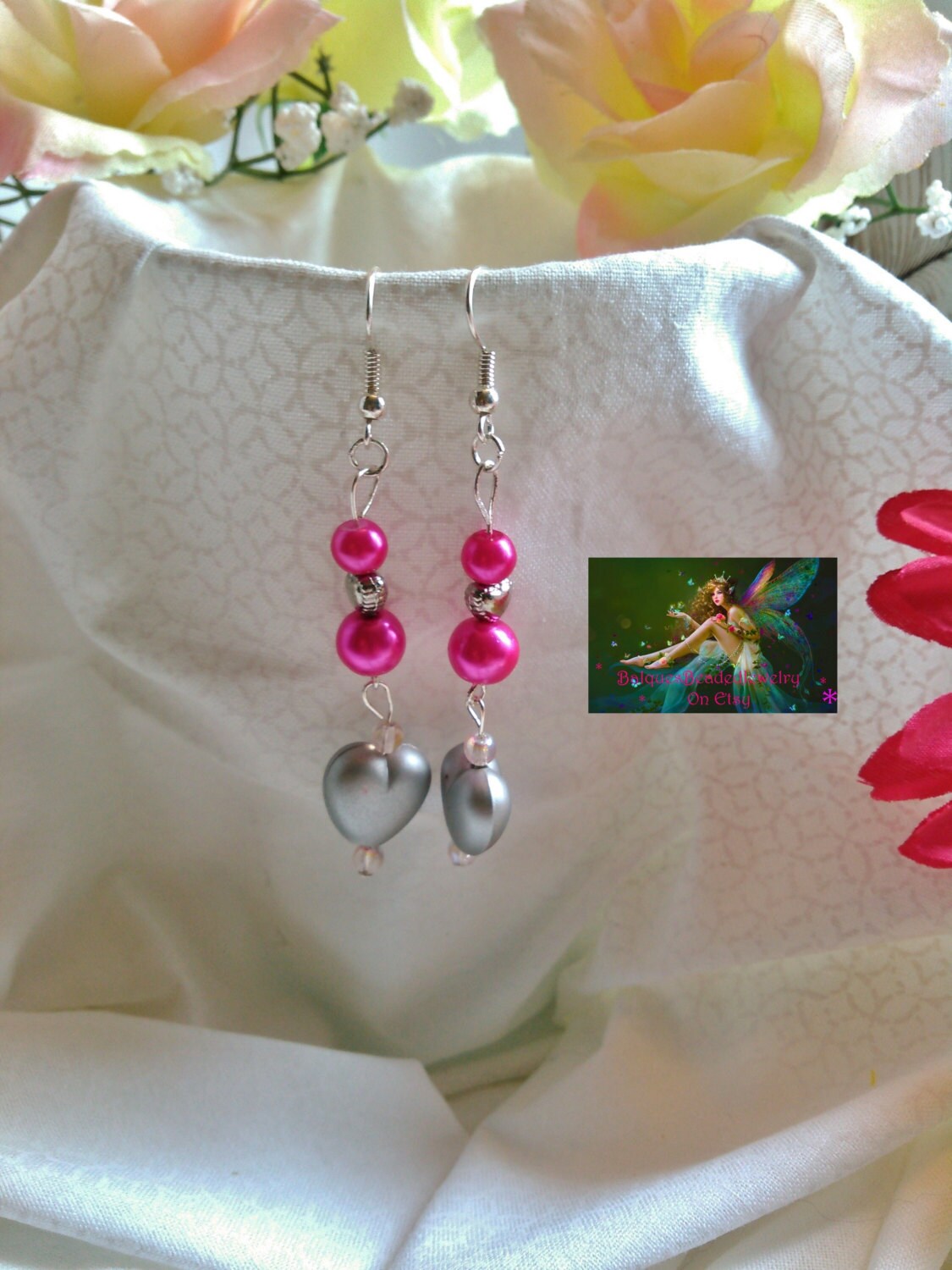 Hearts Of Silver & Hot Pink Earrings/Pierced/Silver Plate Ear