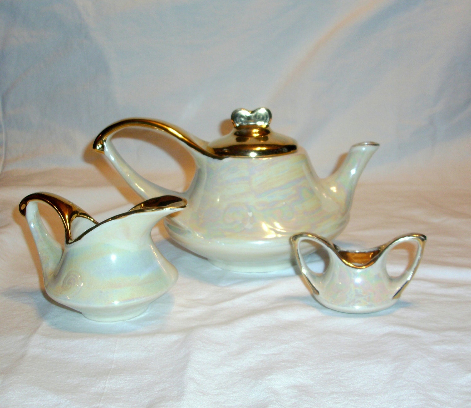 Vintage Iridescent Teapot With Creamer and Sugar Set