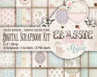 Vintage Baby Scrapbook Kit Baby Digital Paper Pack Shabby Baby Printable Backgrounds Tags Cute Baby Air Balloons Vintage Toys ClipArt DIY