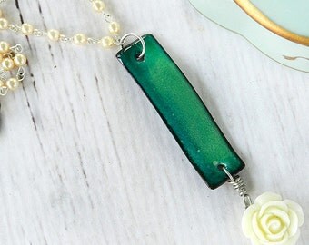 Artisan Necklace - Enamel Jewelry - Green Pendant Necklace - Rose Pendant Necklace - Rose Charm Necklace - Unique Jewelry - Bohemian Jewelry